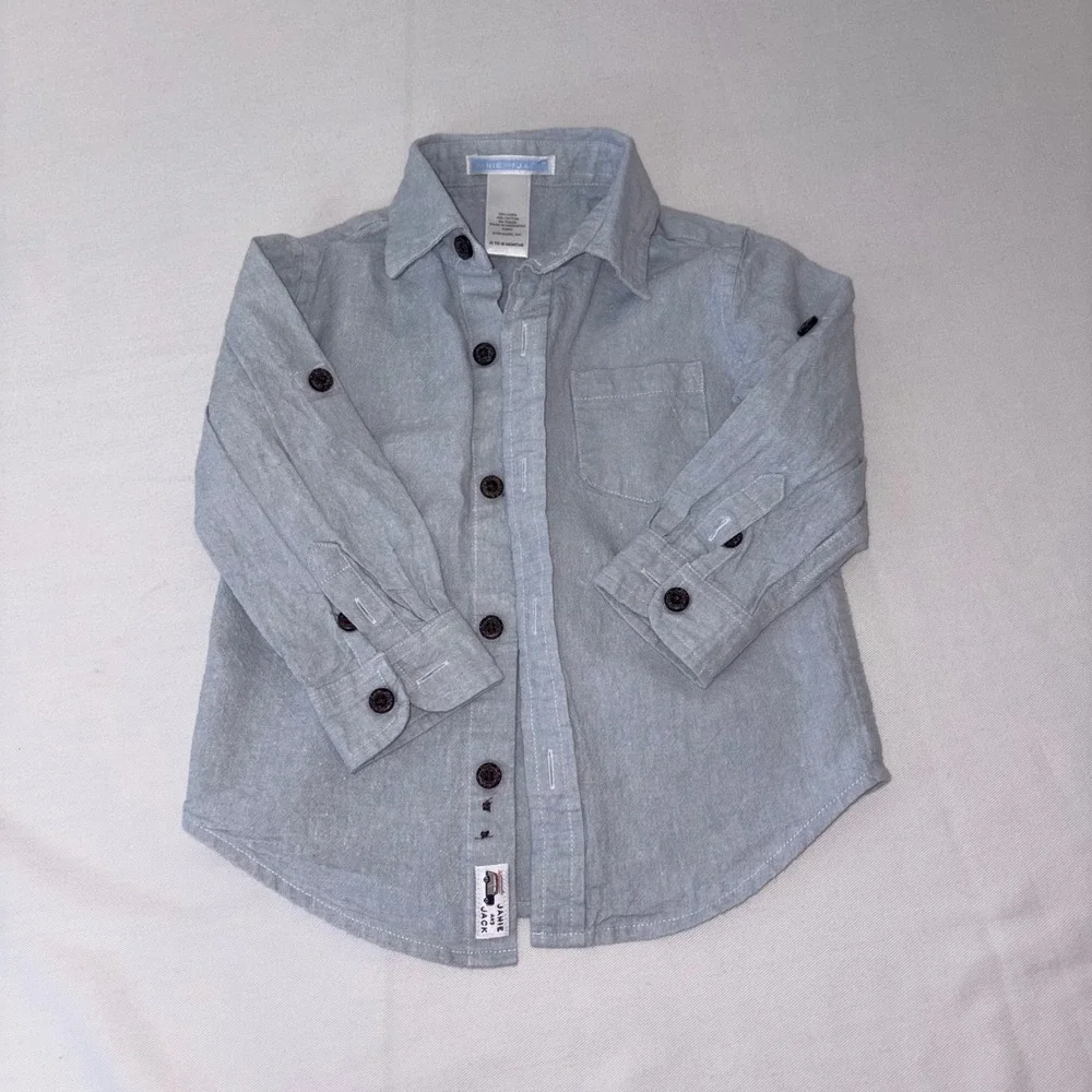 Janie and Jack blue linen cotton roll‎ tab sleeve shirt 12 - 18 months